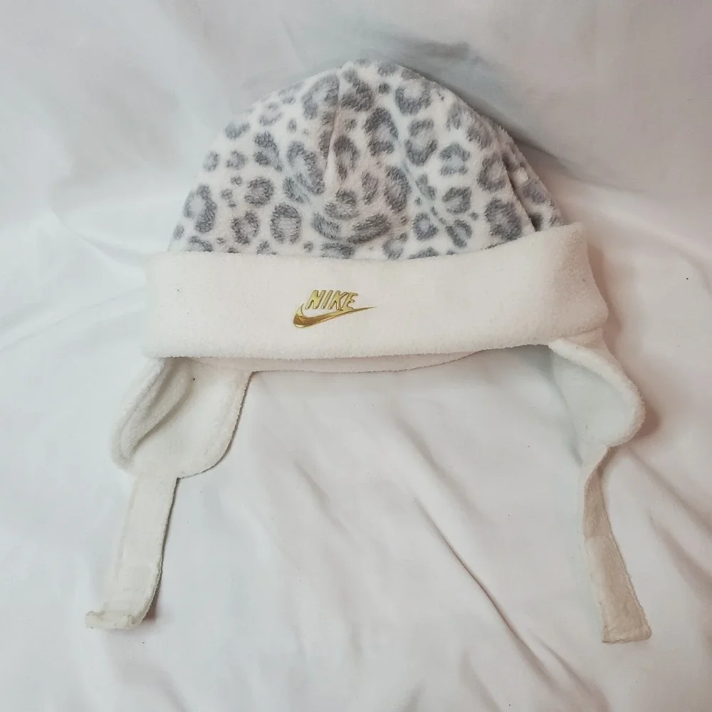 Baby Girls Nike Leopard Print Fleece Trapper Hat White Grey